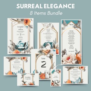 Floral Beige Surreal Wedding Stationery 8 Item Bundle – Elegant and Minimalistic Invitations, Menu, Table Cards & More, Digital Download