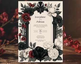 Gothic Vintage Wedding Invitation - Cream and Black Floral Design - Instant Download, 5x7, Editable Template