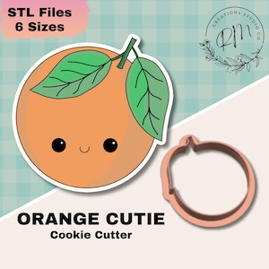 May include: An orange cookie cutter in the shape of a cartoon orange with a smiling face and green leaves. The text "ORANGE CUTIE Cookie Cutter" is below the orange. The image also includes the text "STL Files 6 Sizes".