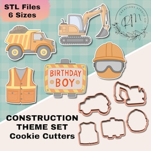 May include: A set of construction-themed cookie cutters featuring a digger, dumper truck, hard hat, and a sign saying "BIRTHDAY BOY." Also includes an orange safety vest. The text "STL Files 6 Sizes" is at the top.