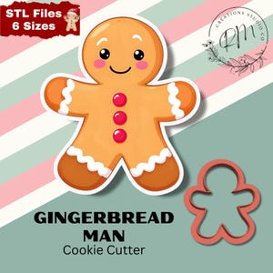 May include: A cartoon gingerbread man with a smiling face, pink cheeks, and red buttons. The image includes the text "STL Files 6 Sizes" and "GINGERBREAD MAN Cookie Cutter". A red cookie cutter in the shape of a gingerbread man is also shown.