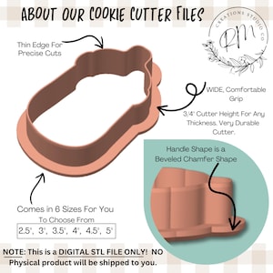 May include: A light brown cookie cutter with a wide, comfortable grip and a beveled chamfer handle shape. The cutter has a thin edge for precise cuts and is available in 6 sizes, ranging from 2.5" to 5". The cutter is 3/4" in height and is a durable cutter.