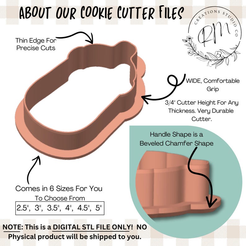 May include: A light brown cookie cutter with a wide, comfortable grip and a beveled chamfer handle shape. The cutter has a thin edge for precise cuts and is available in 6 sizes, ranging from 2.5" to 5". The cutter is 3/4" in height and is a durable cutter.