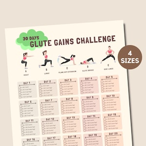 Puede incluir: Un plan de entrenamiento de 30 días para ganar glúteos imprimible con ilustraciones de cinco ejercicios diferentes: sentadillas, estocadas, extensión de cadera en plancha, puente de glúteos y estocada lateral. El plan incluye un programa de entrenamiento diario con casillas de verificación para cada ejercicio.