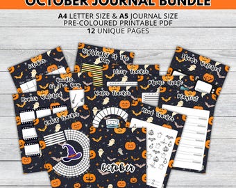 October Journal Bundle, Halloween Printable Journal Pages, PRE-COLOURED Pages, October Planner, Printable Planner