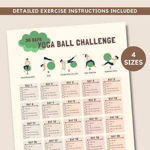 Könnte beinhalten: Ein druckbarer 30-Tage-Yoga-Ball-Challenge-Plan mit Illustrationen verschiedener Übungen. Der Plan ist in 20 Tage unterteilt, wobei jeder Tag eine andere Übung beinhaltet. Die Übungen umfassen Sitzbalance, Pike, Plank mit Beinheben, Seitenausstrecken und Russian Twist. Der Plan ist in vier Größen erhältlich.