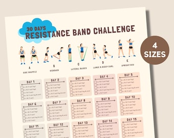 Reto de 30 días con banda de resistencia / Planificador digital de entrenamiento en casa / Rutina de cuerpo completo / Seguimiento mensual