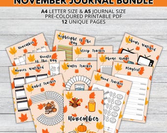 November Journal Bundle, Autumn Printable Journal Pages, PRE-COLOURED Pages, November Planner, Printable Planner