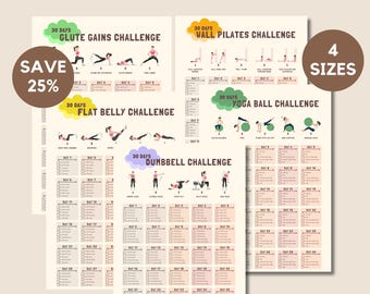 May include: A set of fitness posters with detailed exercise instructions. The posters include 30-day challenges for glute gains, wall pilates, flat belly, yoga ball, and dumbbell workouts. The text "SAVE 25%" is visible.