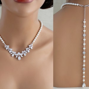 Bridal Backdrop necklace Pearl Wedding necklace Back drop necklace Bridal jewelry Back necklace Pearl Bridal necklace Crystal necklace