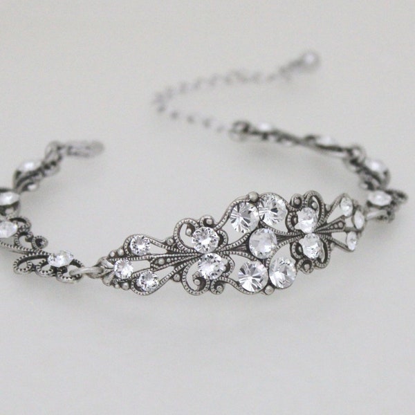 Vintage style Bridal bracelet Bridal jewelry Antique silver Filigree bracelet Wedding bracelet Swarovski Crystal bracelet Wedding jewelry