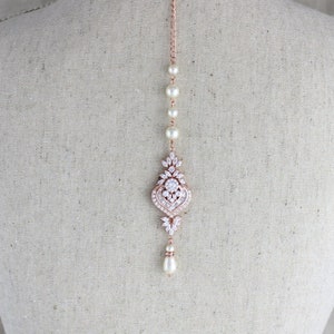 Braut Hintergrund Halskette Brautschmuck Rose Gold zurück Tropfenhalskette Braut Back Halskette Perlenkette Art-Deco-Kristallhalskette EMMA