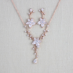 Rose gold Bridal necklace Rose gold Bridal earrings Wedding jewelry set Crystal necklace Crystal drop earrings Bridal jewelry LILY