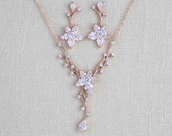 Rose gold Bridal necklace Rose gold Bridal earrings Wedding jewelry set Crystal necklace Crystal drop earrings Bridal jewelry LILY