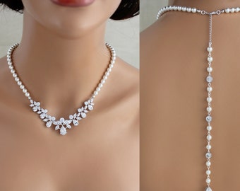 Bridal Backdrop necklace Pearl Wedding necklace Back drop necklace Bridal jewelry Back necklace Pearl Bridal necklace Crystal necklace