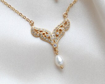 Gold pearl drop Bridal necklace, Bridal jewelry for Wedding, Gold filled Wedding necklace, Simple pearl necklace, Wedding jewelry for Bride