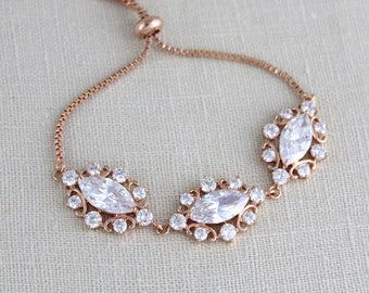 Rose gold bracelet, Bridal bracelet, Bridal jewelry, Slide bracelet, Bridesmaid gift, Wedding bracelet, Adjustable bracelet, Swarovski ELLA