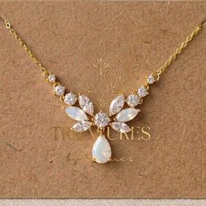 Gold Bridal Necklace,, Dainty Bridal Jewelry, Necklace for Wedding with white opal crystals,