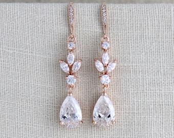 Crystal Bridal earrings, Bridal jewelry, Rose gold leaf earrings, Wedding jewelry, Bridesmaid earrings, Long dangle earrings