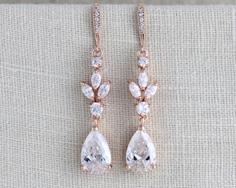 Crystal Bridal earrings, Bridal jewelry, Rose gold leaf earrings, Wedding jewelry, Bridesmaid earrings, Long dangle earrings for bride
