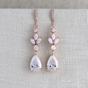 Crystal Bridal earrings, Bridal jewelry, Rose gold leaf earrings, Wedding jewelry, Bridesmaid earrings, Long dangle earrings
