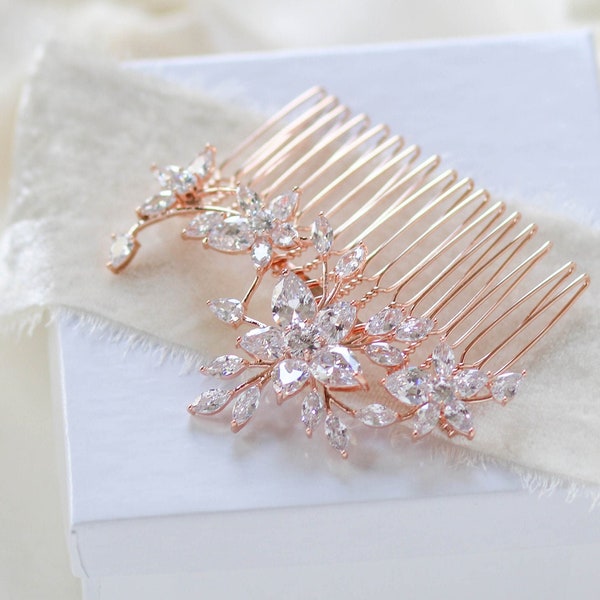 Rose Gold hair comb, Bridal hair piece, Crystal leaf hair comb, Pearl hair piece, Floral hair comb, Wedding hair accessory, Hair clip LILY