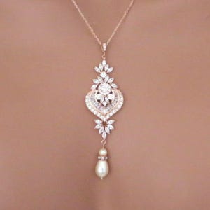 Rose Gold Crystal Pearl Drop Bridal Necklace, Vintage Wedding Jewelry, EMMA