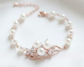 Rose Gold Pearl Bridal Bracelet, Floral Wedding Jewelry for Bride, MIA