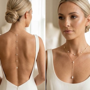 Perle Hintergrund Halskette, Perle Braut Halskette, Brautschmuck, Perle Zurück Halskette für Braut, Goldhochzeitskette, Hochzeitsschmuck