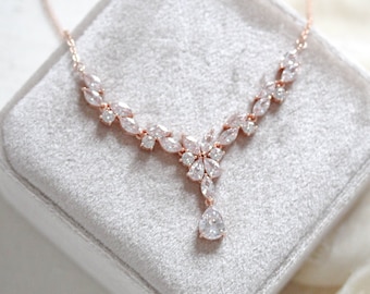 Rose gold Bridal necklace, Bridal jewelry, Cubic zirconia Wedding necklace, Simple crystal necklace, Rose gold Wedding jewelry, CZ necklace