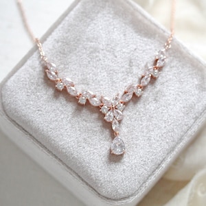 Rose gold Bridal necklace, Bridal jewelry, Cubic zirconia Wedding necklace, Simple crystal necklace, Rose gold Wedding jewelry, CZ necklace