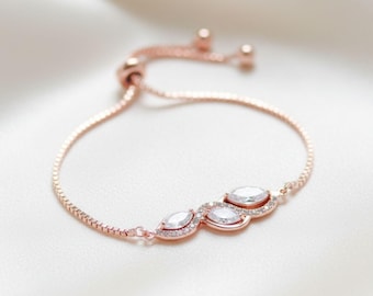 Rose Gold Bridal Bracelet, Adjustable Crystal Wedding Bracelet, Delicate Three Stone Jewelry