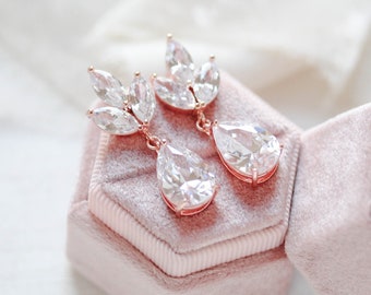 Bridal earrings Rose gold earrings Bridal jewelry Bridesmaid earrings Crystal drop earrings Wedding earrings Simple CZ earrings Leaf style