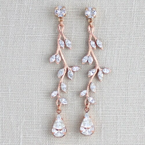 Leaf Bridal earrings, Long Rose gold earrings, Crystal Bridal earrings, Bridal jewelry, Vintage style drop earrings, Dainty Wedding earrings