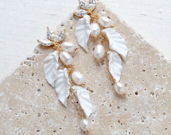 Gold Filled Bridal Earrings with Pearls and Leaves, Long Wedding Earrings for Bride