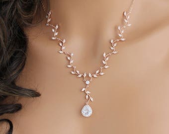 Rose gold necklace Leaf necklace Bridal jewelry Bridal necklace Crystal leaf necklace CZ necklace Wedding jewelry Wedding necklace