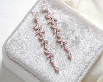 Long Rose gold Bridal earrings, Bridal jewelry, Crystal Wedding earrings, CZ earrings, Delicate earrings, Rose gold Wedding jewelry