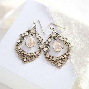 Antique gold Bridal earrings Vintage style Chandelier earrings Bridal Jewelry Wedding jewelry Golden shadow crystal earrings image 2