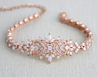 Rose gold Bridal bracelet Bridal jewelry Art deco cuff Wedding bracelet Rose gold Wedding jewelry CZ bracelet EMMA