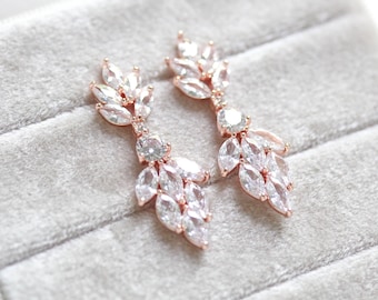 Rose gold Bridal earrings, Bridal jewelry, Simple Leaf Wedding earrings, CZ dangle earrings, Dainty Bridesmaid earrings, Wedding jewelry