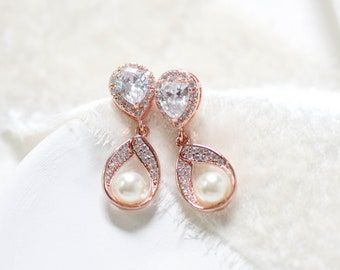 Rose Gold Bridal earrings Bridal jewelry Pearl drop Wedding earrings CZ Teardrop earrings Simple Bridesmaid earrings Wedding jewelry