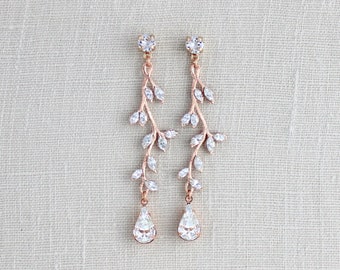 Leaf Bridal earrings, Long Rose gold earrings, Crystal Bridal earrings, Bridal jewelry, Vintage style drop earrings, Dainty Wedding earrings