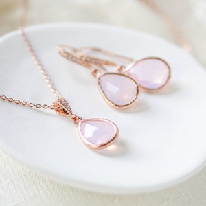 Rose gold necklace and earring set, Blush pink Bridal necklace set, Bridal jewelry, Rose gold Bridesmaid jewelry gift, Pink opal Wedding