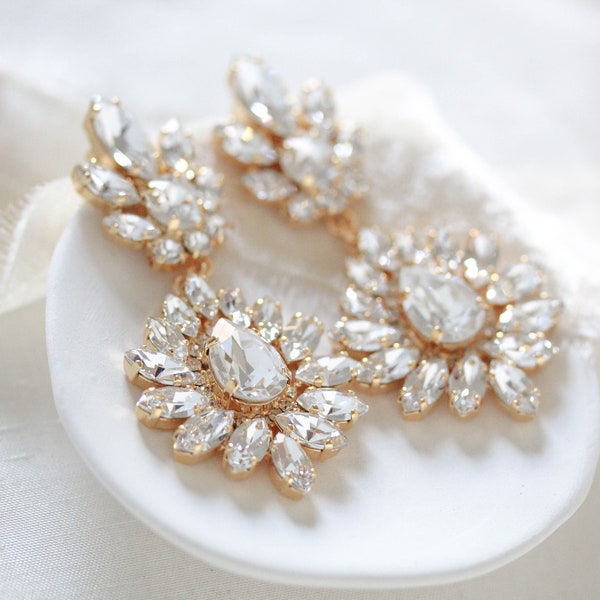 Gold Kristall Ohrringe, Teardrop Cluster Hochzeit Ohrringe, Vintage inspirierter Schmuck für die Braut