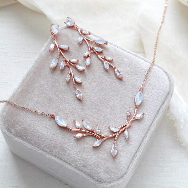 Rose gold Bridal earrings, Rose gold Bridal necklace set, Bridal jewelry, White opal necklace and earrings Wedding jewelry for bride APRILLE