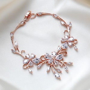 Rose gold Bridal bracelet, Rose gold cubic zirconia bracelet, Bridal jewelry, Floral Wedding bracelet, Statement bracelet, Wedding jewelry