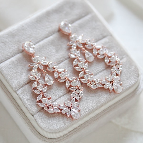 Rose Gold Braut Ohrringe, Brautschmuck, Floral Hoop Hochzeit Ohrringe, CZ Blatt Ohrringe, Rose Gold Hochzeit Schmuck, Statement Ohrringe