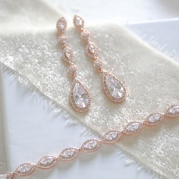 Rose gold Wedding jewelry set, Bridal necklace set, CZ Bridal jewelry, Rose gold Bridal earrings, Bridal bracelet, Wedding earrings SCARLETT