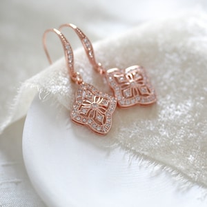 Rose Gold earrings, Crystal Bridal earrings, Simple Wedding earrings, Bridal jewelry, Art Deco earrings, Dangle earrings, Bridesmaid, ADDIA