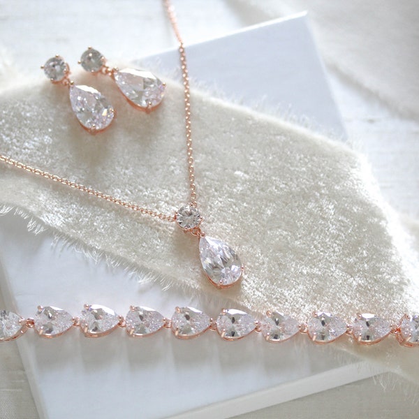 Schlichter Brautschmuck, Roségold-Schmuckset, Roségold-Tennisarmband, Brautjungfernschmuck, zierliche Brauthalskette und Ohrringe, CZ-Schmuck